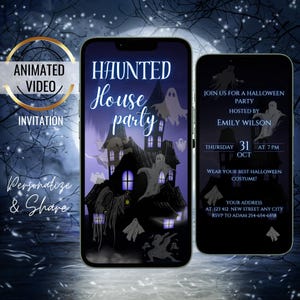 Ghosts Haunted House Party Animated Invite, Halloween Costume Party Invitation, Editable Spooktakular Evite, Digital Halloween Invite