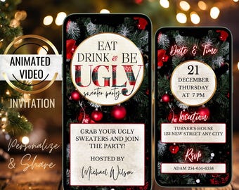 Convite para festa de suéter feio em vídeo, convite para comer, beber e ser feio no Natal, convite digital para festa de fim de ano, modelo editável para festa de Natal