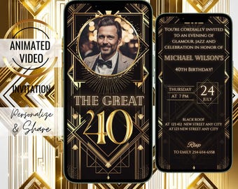 Die große 40. Geburtstagseinladung, Gatsby-Party-Thema, roaring 20s Harlem Nights Party einladen, Vintage Flapper-Stil-Geburtstagsessen Evite