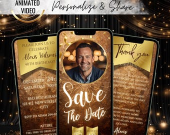 Gold 40th Birthday Invitation, Save The Date Template, Luxury Party Evite, Elegant Dinner Invite, Golden Ribbon for Any Age