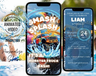 Animated Monster Truck Pool Party Invitation, Splash Summer Birthday Party, Backyard Kids Party Evite, Swimming Party, Smash and splash