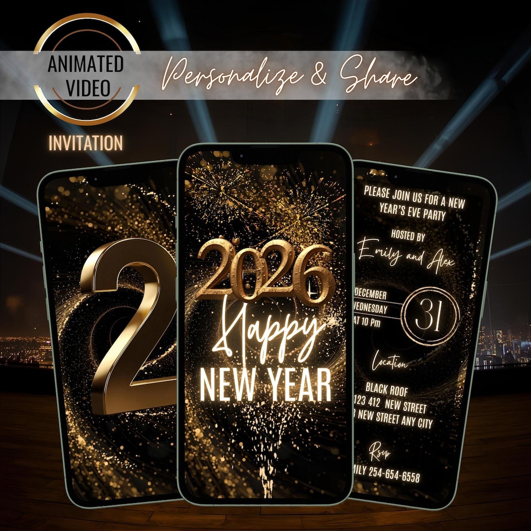 Countdown New Year Party Invitation, 2026 NYE Celebration Invite, Black ...