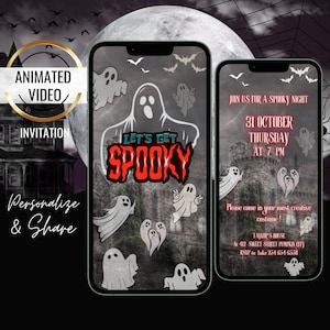 Ghost Animated Let&#39;s Get Spooky Invitation, Halloween Digital Invite, Costume Party Evite, Haunted House Party Invitation, Instant Download