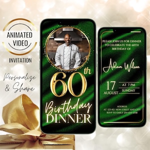 Animated Green Gold 60th Birthday Dinner Photo Invite, Editable Text Birthday Party for women, Digital Invitation for men, Instant Download