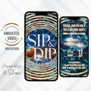 SIP & DIP Pool Party Animated Invite, Whiskey Theme Invitation, Adult Swimming Party Evite, Golden Rings Digital Evite, End Of Summer image 1