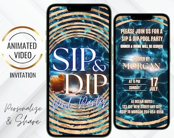SIP & DIP Pool Party Animated Invite, Whiskey Theme Invitation, Adult Swimming Party Evite, Golden Rings Digital Evite, End Of Summer