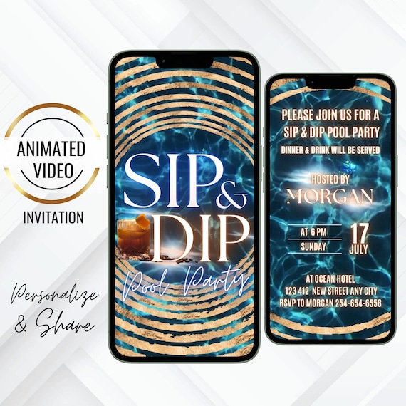 SIP & DIP Pool Party Animated Invite, Whiskey Theme Invitation, Adult Swimming Party Evite, Golden Rings Digital Evite, End Of Summer