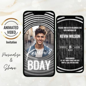 Digital Black 18th Birthday Photo Invite, Animated Silver Circle Birthday Party Invitation, Eighteenth Bday Surprise Party, Editable