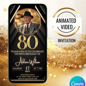 Black Gold 80th Birthday Invitation, Video 80th Birthday Party Photo Invite, Elegant Birthday Dinner, Brunch Invite, for Men & Women