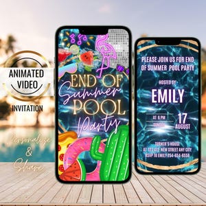 May include: Animated video invitation for an end of summer pool party. The invitation features a blue background with a pool, a flamingo, a pizza slice, a donut, a cactus, and a watermelon. The text "End of Summer Pool Party" is in neon pink and yellow letters. The invitation also includes the host's name, date, time, and location.