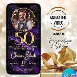 Invitación fotográfica animada del 50 cumpleaños del oro púrpura, texto editable Mármol Oro Brillo Cena del 50 cumpleaños, Fiesta del quincuagésimo cumpleaños digital