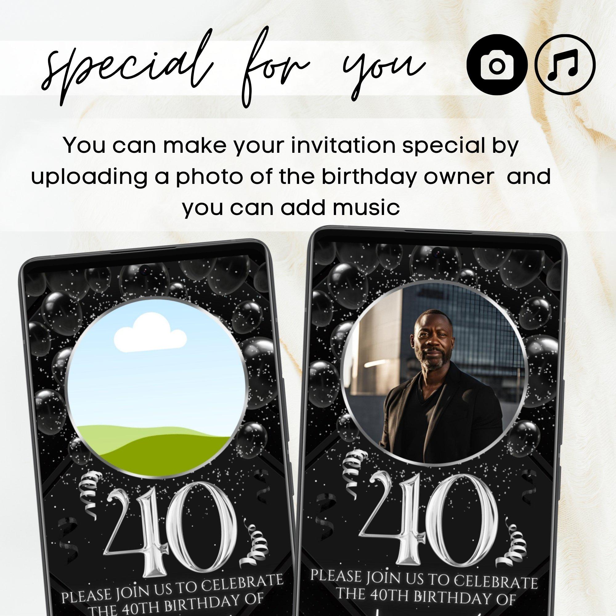 Black 40th Birthday Party Invitation, Birthday Dinner Silver Photo ...
