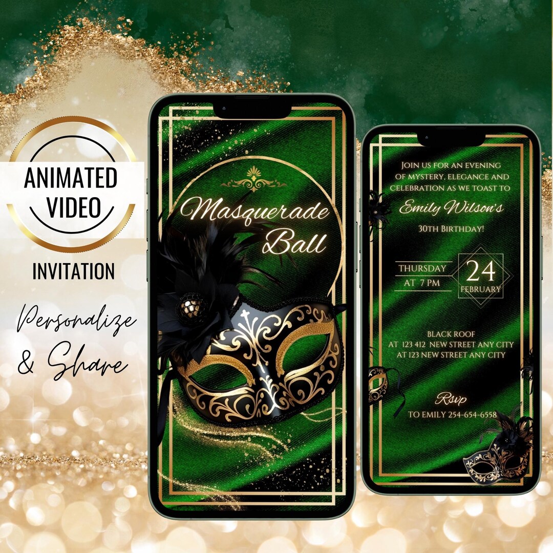 Emerald Green Masquerade Ball Invitation, Masquerade Birthday Party ...