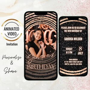 Animated Rose Gold Circle 18th Birthday Photo Invitation, Digital Black and Rose Gold  Birthday Party Invite, Surprise 18, Editable Template