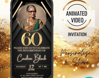 Elegante Schwarz und Gold 60. Geburtstag Foto-Einladung, animierte Luxus Geburtstagsfeier einladen, 60. Geburtstag Abendessen, Frauen Männer, bearbeitbarer Text