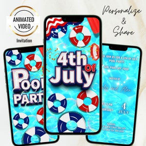 May include: Animated video invitation for a 4th of July pool party. The invitation features a blue pool with red, white, and blue life preservers and an American flag. The text "4th of July Pool Party" is in large, bold letters.