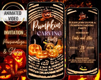 Może przedstawiać: Cyfrowe zaproszenie na imprezę rzeźbienia dyni. Zaproszenie zawiera czarno-białe paski w tle z sylwetką drzewa i dyni. Tekst "Pumpkin Carving Party" jest napisany fioletowym fontem. Zaproszenie zawiera również datę, godzinę i miejsce imprezy.