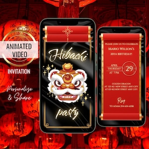 Invito a tema asiatico Hibachi, invito a tema festa di compleanno con drago animato Hibachi, serata sushi modificabile, cena giapponese, tema cinese