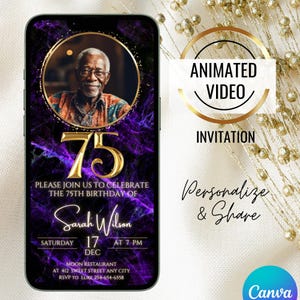 Purple 75th Birthday Invitation, Gold Animated Photo Invitation, 75th Birthday Party Invite, Birthday Dinner Evite, Evite For Women, Men
