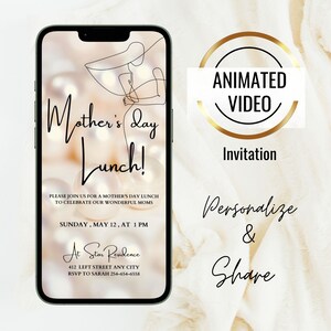 Invitation minimale de déjeuner de fête des mères de perles de femmes, invitation animée de brunch de fête des mères, fête numérique de fête des mères, modifiable, tea party