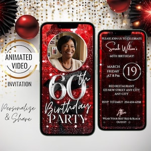 Red Glitter 60th Birthday Invitation, Animated Silver Photo Invitation, Black Ribbon, Birthday Party Invite, Birthday Dinner, for Women, Men