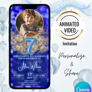7th Birthday Party Invitation, Blue Seven Balloon, Animated Seventh Birthday Photo Invitation, Digital  Birthday Template for Boy and Girl
