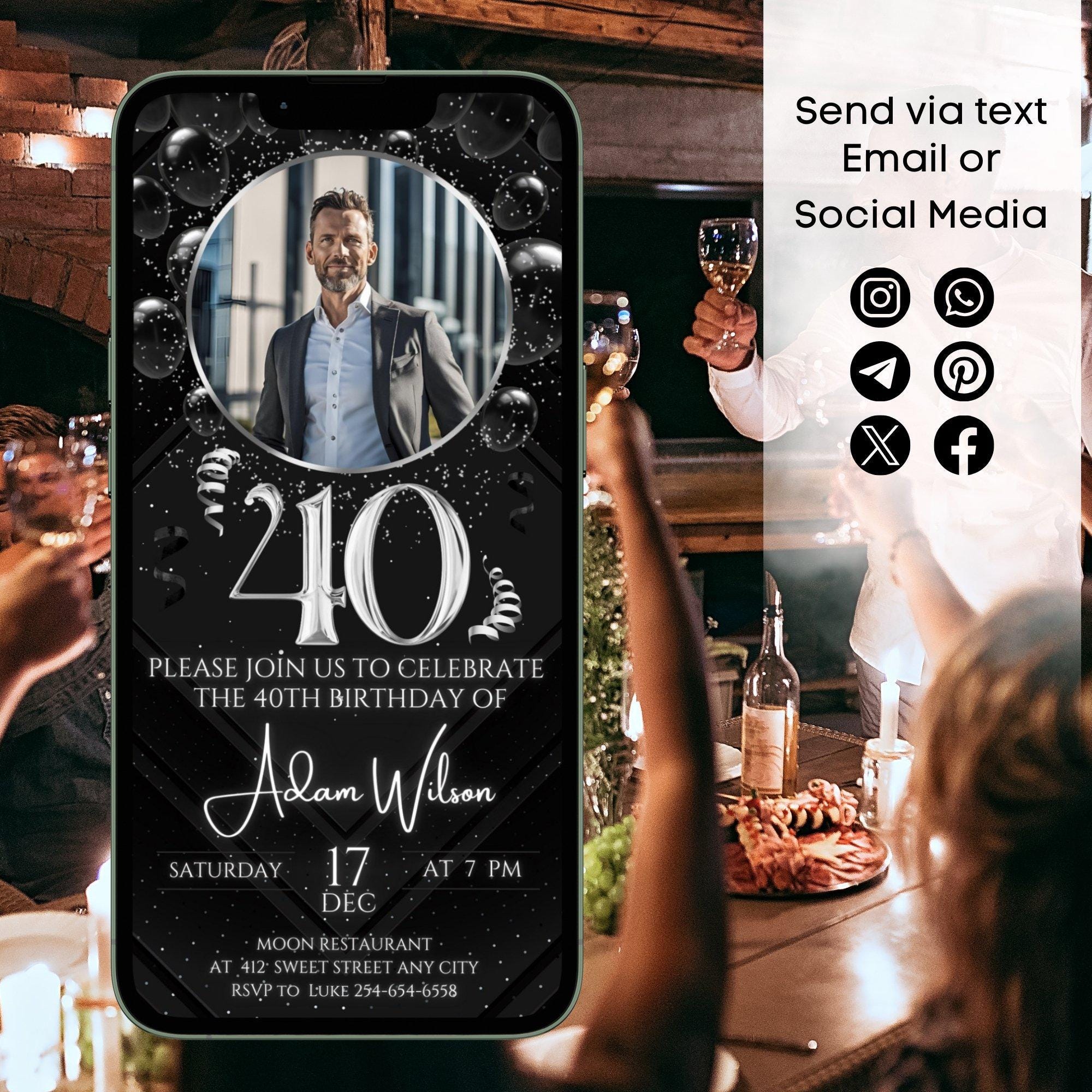 Black 40th Birthday Party Invitation, Birthday Dinner Silver Photo ...