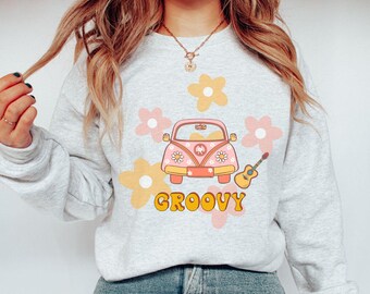 Trendy Vintage Retro Groovy Flowers & Car Cricut Cut PNG