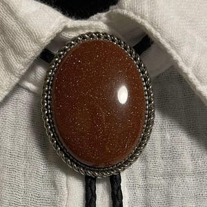 Goldstone Cabochon Bolo Tie, black leather nylon cord, Silver tips | Natural Stone | Handmade Cabochon Leather Cowboy Necktie - Leather Cord