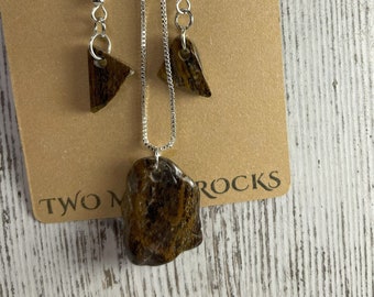 Tumbled Petrified Wood Stone Necklace & Triangular Dangle Earring set | Natural Stone Jewelry | Handmade | Gemstone ,Crystal, Silver, Gift