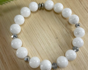 White Jade Natural Gemstone Bracelet, Crystal Bracelet, Beaded Gemstone Bracelet, Stretch Bracelet, Handmade Gemstone Bracelet, Boho