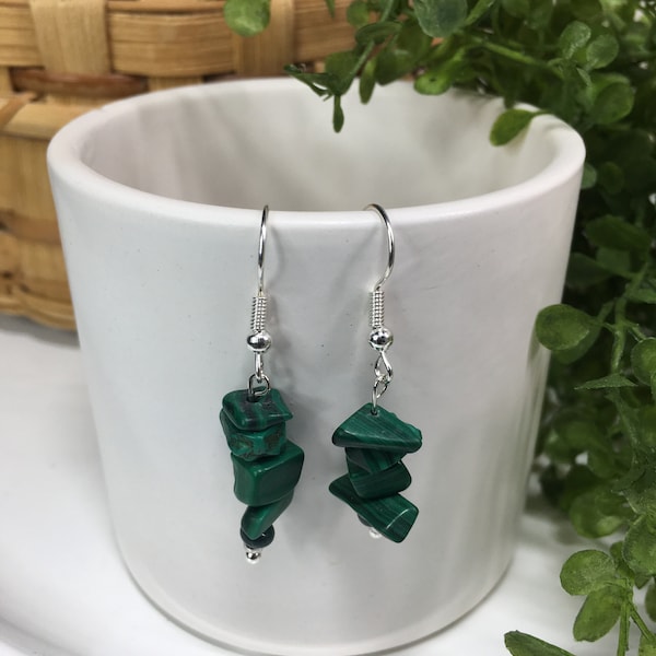 Malachite Gemstone Chip Earrings | Stacked Dangle Earrings | Natural Stone Jewelry | Handmade jewelry| Gemstone, Crystal, Silver, Gift