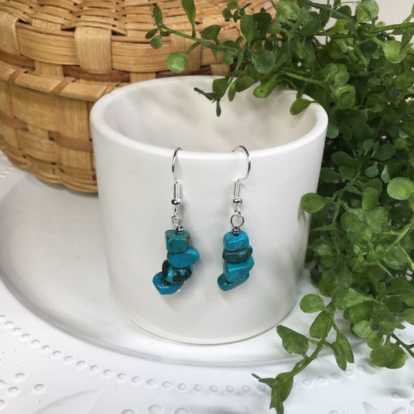 Turquoise Gemstone Chip Earrings | Stacked Dangle Earrings | Natural Stone Jewelry | Handmade jewelry| Gemstone, Crystal, Silver, Gift