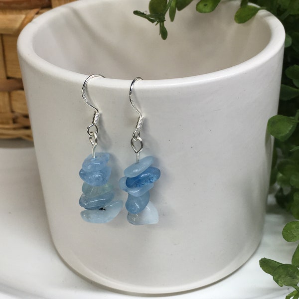 Aquamarine Gemstone Chip Earrings | Stacked Dangle Earrings | Natural Stone Jewelry | Handmade jewelry| Gemstone, Crystal, Silver, Gift