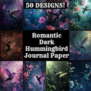 Romantic Dark Hummingbird Journal Paper, Romantic Dark Hummingbird Printable Paper, Vintage Hummingbird Journal Supplies, Journal Inserts