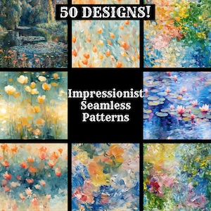Puede incluir: Se presentan nueve patrones sin costuras impresionistas. Los patrones muestran escenas florales y acuáticas en varios colores, incluyendo naranja, amarillo, azul y rosa. El texto "50 DESIGNS!" está en la parte superior y "Impressionist Seamless Patterns" en el centro.