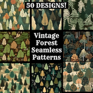 Op de afbeelding: Een verzameling van negen vintage bos naadloze patronen. Elk patroon toont een uniek ontwerp van bomen in verschillende kleuren, waaronder groen, bruin en goud. De tekst "50 DESIGNS!" en "Vintage Forest Seamless Patterns" is zichtbaar.
