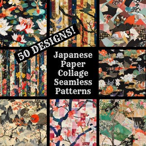 May include: A collage of 50 Japanese paper designs featuring various patterns, including flowers, fish, and geometric shapes. The text "50 DESIGNS! Japanese Paper Collage Seamless Patterns" is displayed in the center of the image.