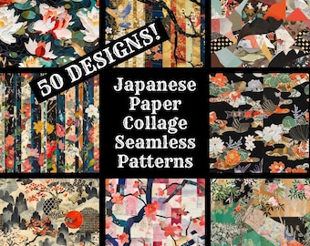 Japanese Paper Collage Seamless Patterns: 50 PNG Designs (Digital Download)