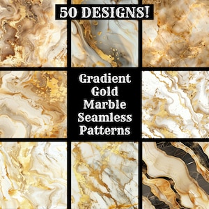 May include: 50 seamless patterns featuring gradient gold marble designs. The patterns are in various shades of white, gold, and brown.
