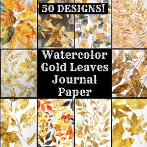 Watercolor Gold Leaves Journal Paper: Vintage Scrapbook (Digital Download)
