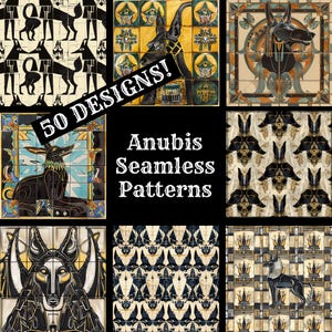 May include: A collage of 50 Anubis seamless patterns. The patterns feature black and gold Anubis jackal heads, geometric shapes, and Egyptian motifs. The text "50 DESIGNS!" and "Anubis Seamless Patterns" is displayed on the collage.