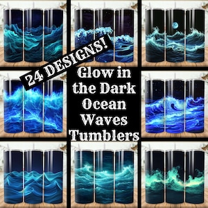 Peut inclure: Ensemble de neuf gobelets à vagues océaniques qui brillent dans le noir. Les gobelets sont noirs avec des vagues océaniques bleues et blanches. Le texte "24 DESIGNS! Glow in the Dark Ocean Waves Tumblers" est écrit en blanc sur fond noir.