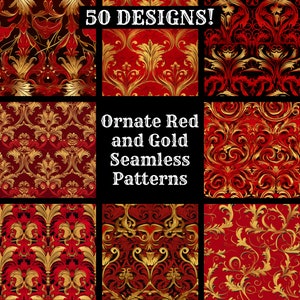 Verziertes Rot und Gold nahtloses digitales Papier, verziertes Rot und Gold druckbares Scrapbook Papier nahtlose Texturen, digitaler Sofort Download