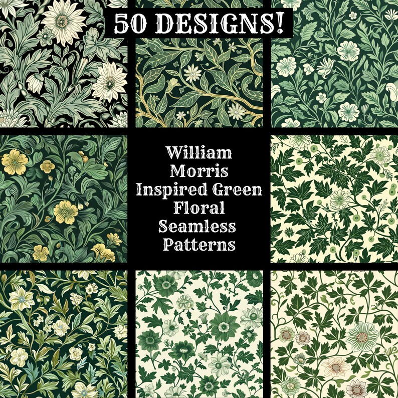 William Morris Inspired Green Floral Seamless Patterns (digital ...