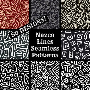 May include: A set of 6 Nazca Lines Seamless Patterns, featuring black and white geometric designs. The patterns are inspired by the ancient Nazca Lines of Peru.