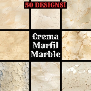 May include: A grid of nine images showcasing various designs of Crema Marfil Marble. The images are in shades of beige and cream, with veining patterns. The text "50 DESIGNS!" is at the top, and "Crema Marfil Marble" is in the center.