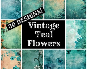 Vintage Teal Flowers Journal Paper: 50 PNG Designs (Digital Download)