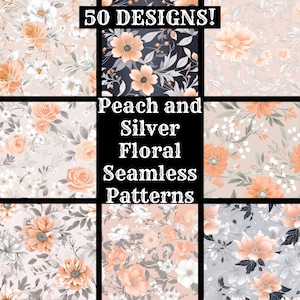 Könnte beinhalten: Ein Set mit 50 nahtlosen floralen Mustern in Pfirsich- und Silberfarben. Die Muster zeigen eine Vielzahl von Blumen, darunter Rosen, Gänseblümchen und Pfingstrosen. Die Muster eignen sich perfekt für die Verwendung in einer Vielzahl von Projekten, wie z. B. Stoff, Tapete und Scrapbooking.