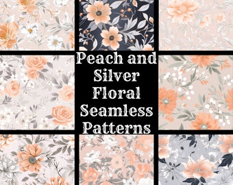 Könnte beinhalten: Ein Set mit 50 nahtlosen floralen Mustern in Pfirsich- und Silberfarben. Die Muster zeigen eine Vielzahl von Blumen, darunter Rosen, Gänseblümchen und Pfingstrosen. Die Muster eignen sich perfekt für die Verwendung in einer Vielzahl von Projekten, wie z. B. Stoff, Tapete und Scrapbooking.